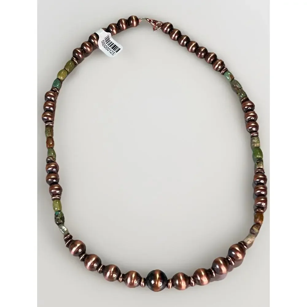 Royston Turquoise Oxidized Copper Desert Pearl 16” Southwestern Beaded Necklace - Picture 4 of 13
